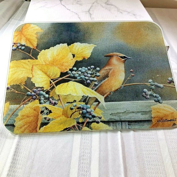Cedar Waxwing Bird on Grapevine rectangle tempered glass cutting board 16" x 12" - Picture 4 of 9